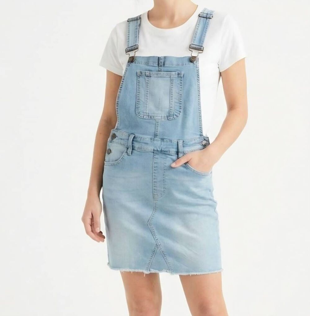 Kancan Dress Women's Small Light Blue Denim Overall Stretch Raw Hem Mini